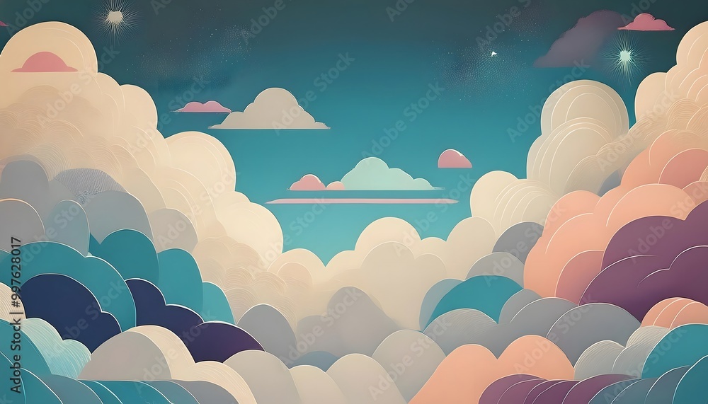 Poster the sky background is filled with pastel fluffy clouds in a paper layer format.