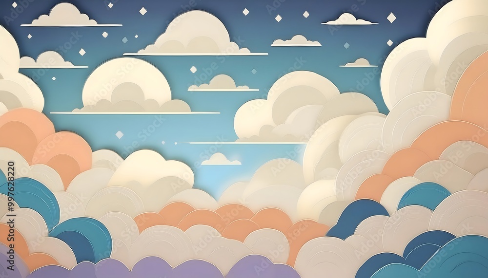 Poster the sky background is filled with pastel fluffy clouds in a paper layer format.