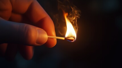 Hand holding a lit match flame burning in the dark