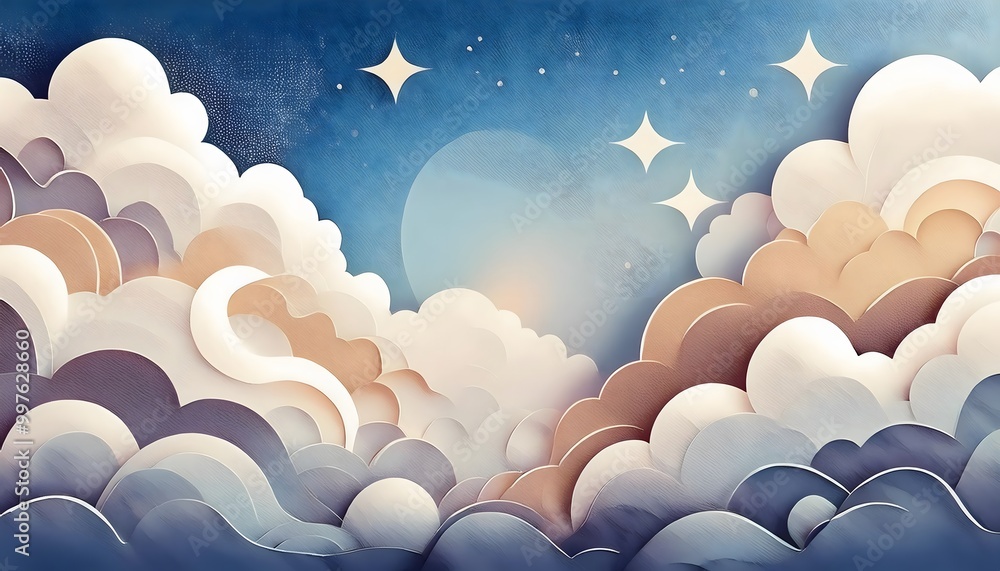 Poster the sky background is filled with pastel fluffy clouds in a paper layer format.