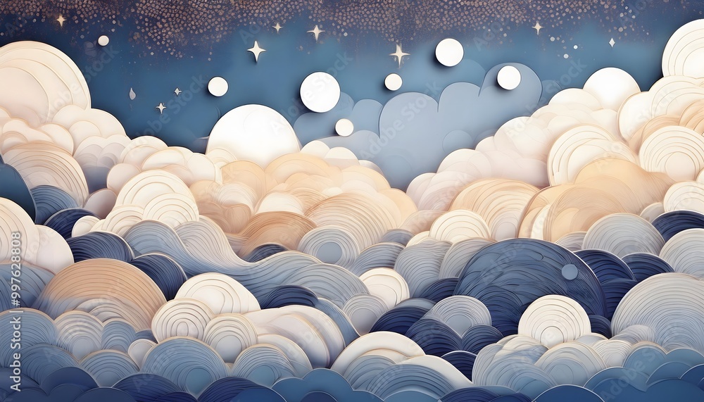 Poster the sky background is filled with pastel fluffy clouds in a paper layer format.
