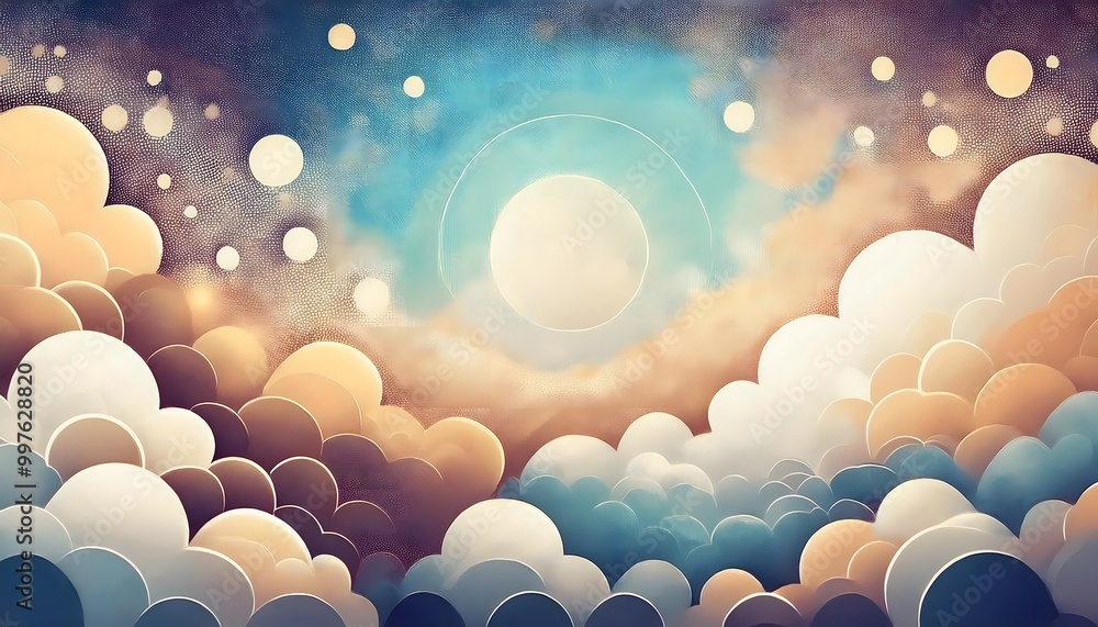 Poster the sky background is filled with pastel fluffy clouds in a paper layer format.