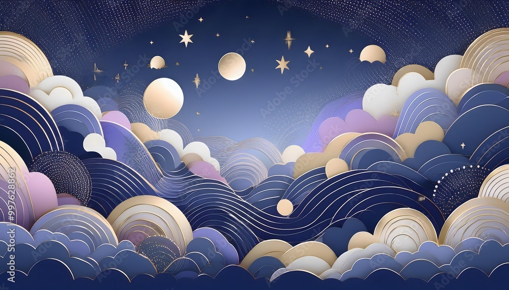 Poster the sky background is filled with pastel fluffy clouds in a paper layer format.