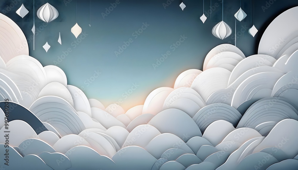 Poster the sky background is filled with pastel fluffy clouds in a paper layer format.