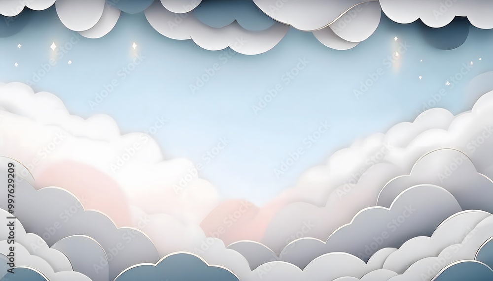 Poster the sky background is filled with pastel fluffy clouds in a paper layer format.
