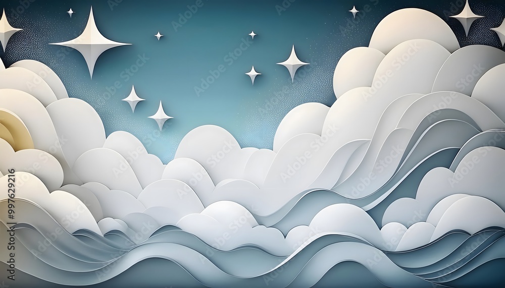 Poster the sky background is filled with pastel fluffy clouds in a paper layer format.