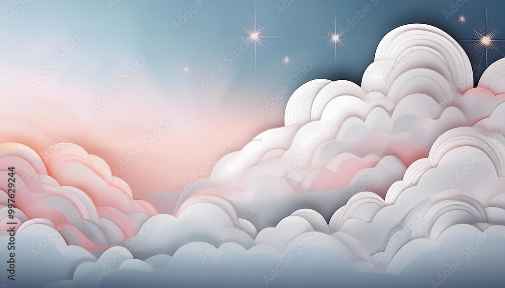 Poster the sky background is filled with pastel fluffy clouds in a paper layer format.