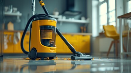 Fototapeta premium Vacuum: This robust wet-dry vacuum is built for heavy-duty messes, effectively cleaning up debris, sawdust, and liquids, and comes with versatile attachments for different tasks. 