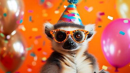 Party animal! Colorful photp of funny, happy lemur on orange background. Balloons, confetti, happy mood. Birthday celebration horizontal banner