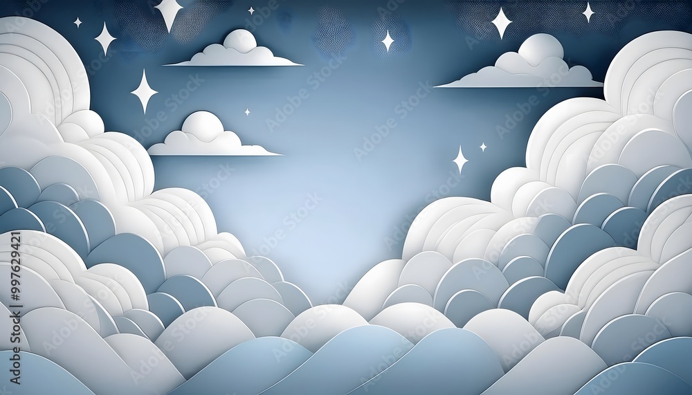 Poster the sky background is filled with pastel fluffy clouds in a paper layer format.