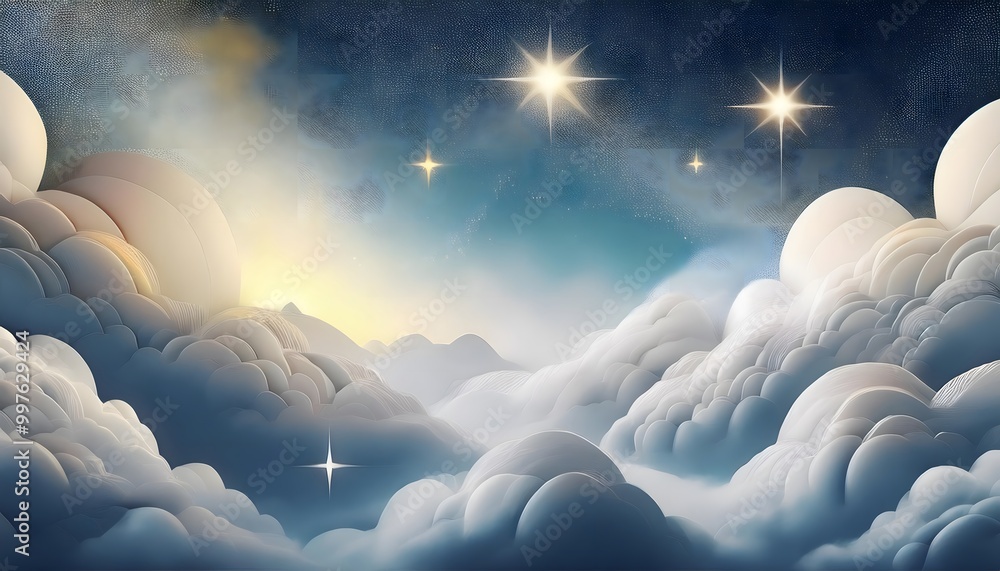 Poster the sky background is filled with pastel fluffy clouds in a paper layer format.
