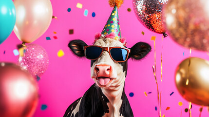 Party animal! Colorful photp of funny, happy cow on pink fuchsia background. Balloons, confetti, happy mood. Birthday celebration horizontal banner