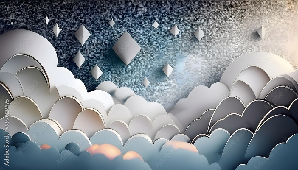 Poster the sky background is filled with pastel fluffy clouds in a paper layer format.