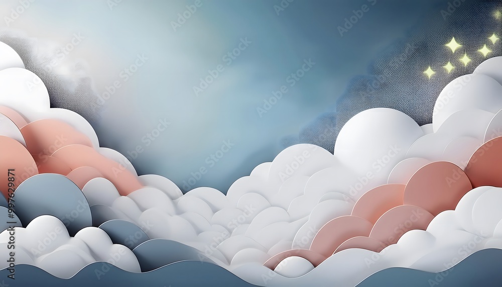 Poster the sky background is filled with pastel fluffy clouds in a paper layer format.