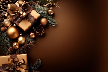 A brown background with gold and silver christmas decorations and two gold boxes