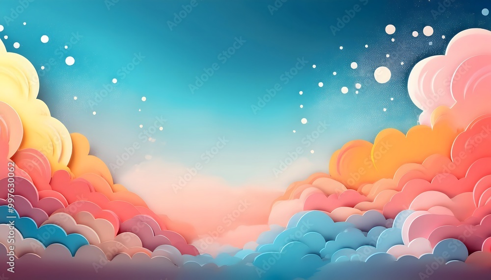 Poster the sky background is filled with pastel fluffy clouds in a paper layer format.