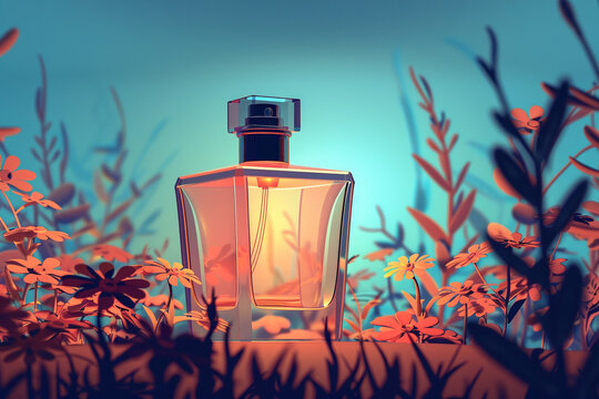 Elegant Flat Design Perfume Bottle Illuminated by Smooth Side Lighting &ndash; Blurred Floral Motifs in the Foreground Highlight Its Beauty and Sophistication as a Luxury Item