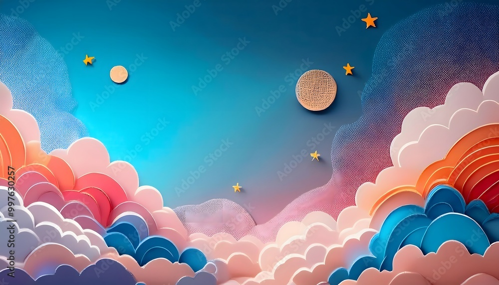 Poster the sky background is filled with pastel fluffy clouds in a paper layer format.