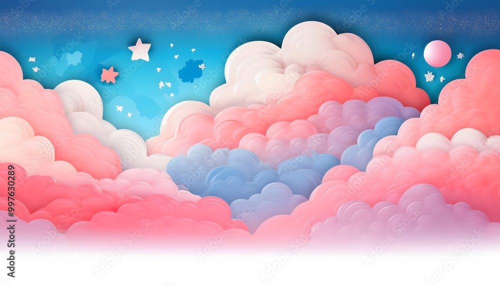 Poster the sky background is filled with pastel fluffy clouds in a paper layer format.