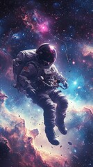 Fototapeta premium An astronaut floating in the vastness of space, tethered to a massive space station