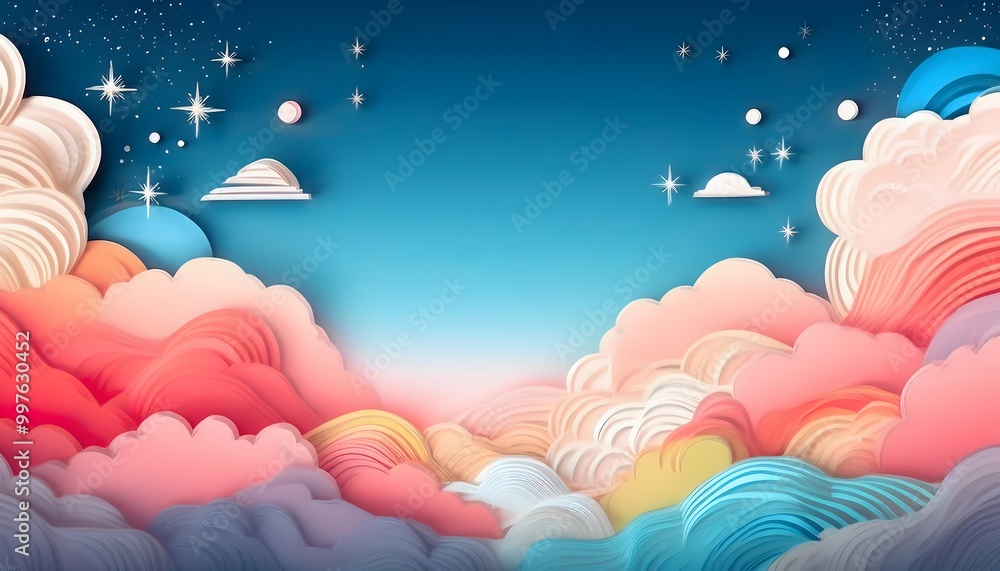 Poster the sky background is filled with pastel fluffy clouds in a paper layer format.