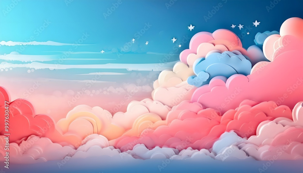 Poster the sky background is filled with pastel fluffy clouds in a paper layer format.