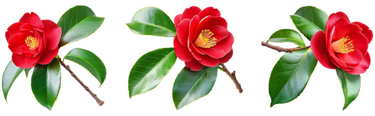 Red camellia japonica semi-double form flower and leaves isolated transparent png. Japanese tsubaki. Chinese symbol of love.