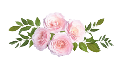 Bouquet of pink roses isolated on transparent background.  Flower composition , flowers with green leaves.