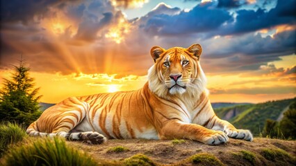 A majestic liger basks in the sunlight, its unique features highlighted against a stunning natural backdrop, exuding