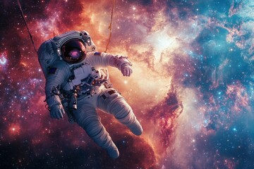 Fototapeta premium An astronaut floating in the vastness of space, tethered to a massive space station