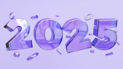 3d render illustration of 2025 glass numbers with colorful reflections. 2025 new year 3d illustration