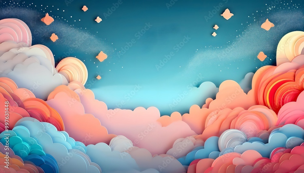 Poster the sky background is filled with pastel fluffy clouds in a paper layer format.