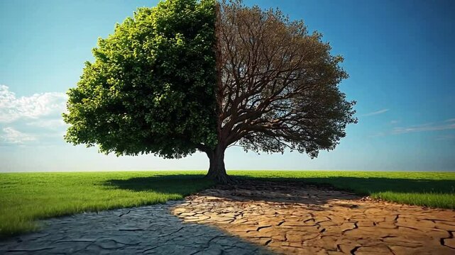 Lush green tree vs. dried dead tree over parched earth.