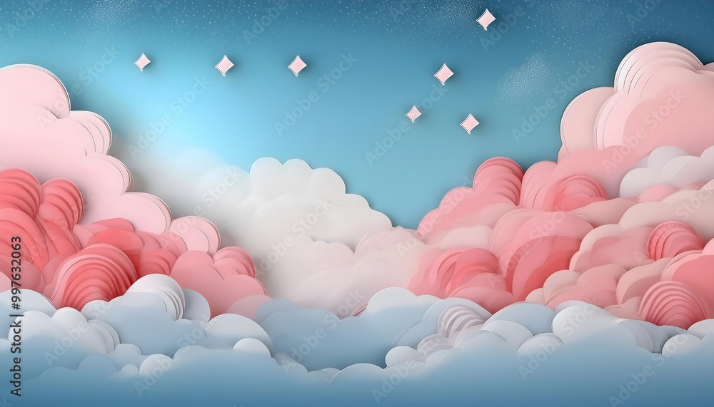 Poster the sky background is filled with pastel fluffy clouds in a paper layer format.