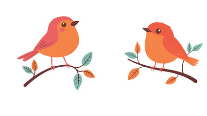 A Pair of Cute Orange Robin Bird Animal Perched on Tree Branch