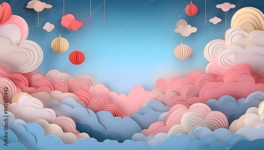 Poster the sky background is filled with pastel fluffy clouds in a paper layer format.