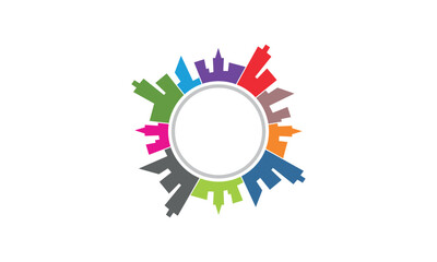 a circular city themed graphic image, white background. vector graphic base.