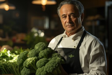 Male chef contemplated holding green organic broccoli in hand, generative IA