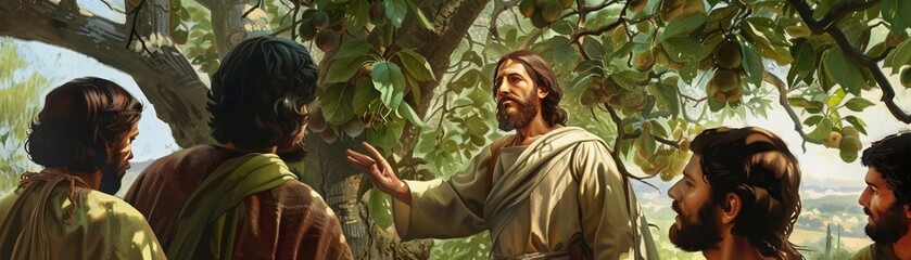 Jesus cursing the fig tree disciples looking on