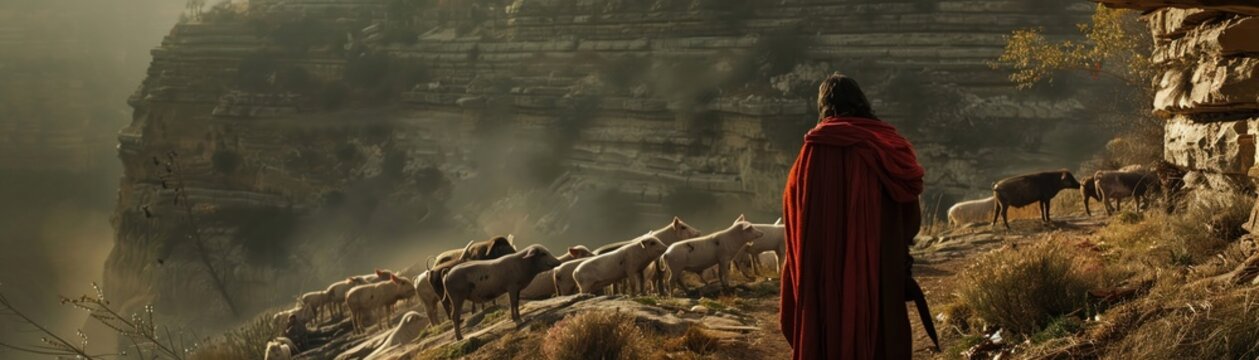 Jesus casting out demons into a herd of pigs dramatic cliffside setting