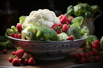 Fresh cauliflower and broccoli in a pink bowl on black stone., generative IA