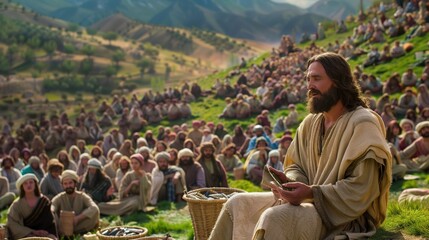 Jesus feeding the 5000 a vast crowd seated on a grassy hill