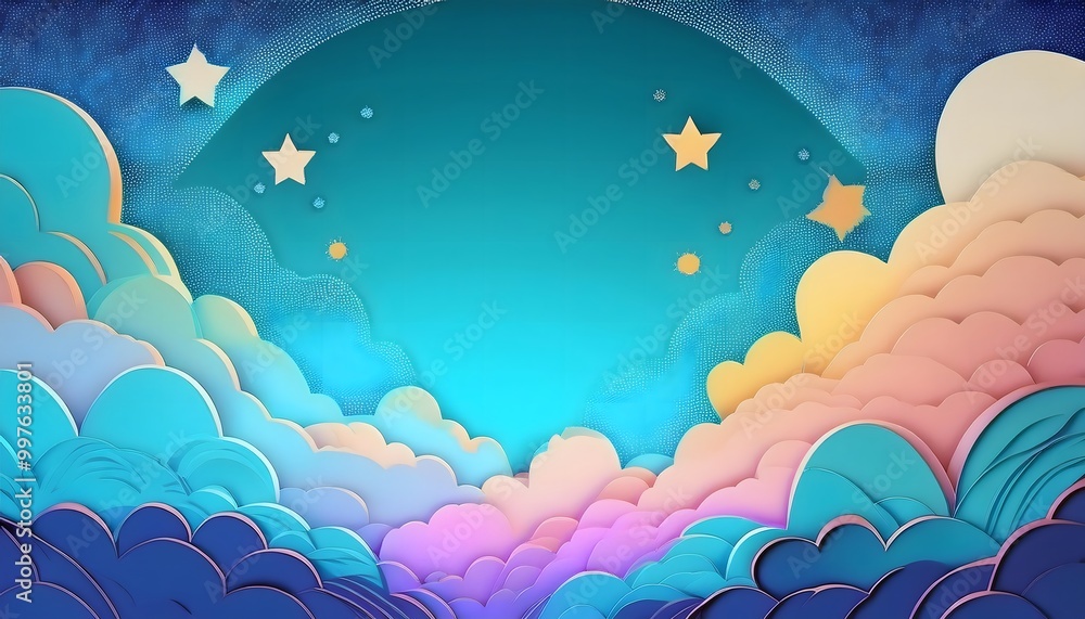 Poster the sky background is filled with pastel fluffy clouds in a paper layer format.