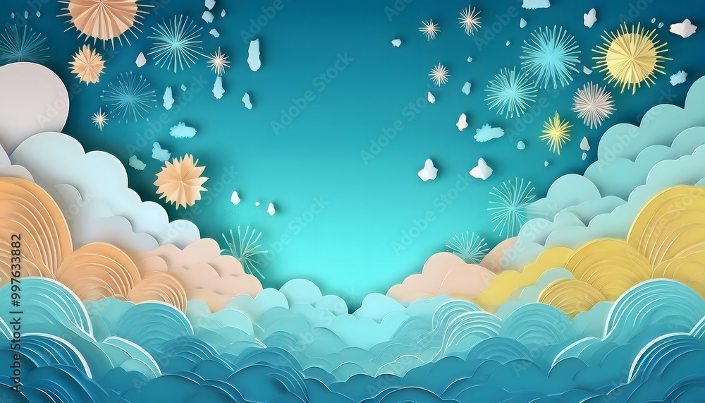 Poster the sky background is filled with pastel fluffy clouds in a paper layer format.