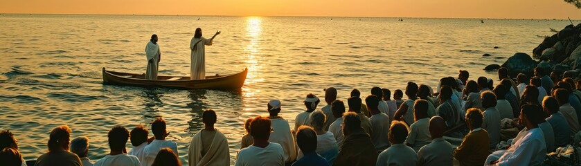 Jesus speaking to the crowds from Peters boat using the natural amphitheater of the shoreline