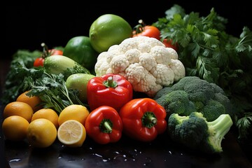 Freshness of organic vegetables cauliflower broccoli tomato carrot onion generat, generative IA