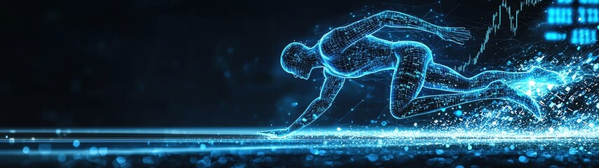 Flowing lines of athletic movement merging with digital stock symbols, symbolizing sports investments and business ventures