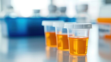 Specimen Cups: Sterile plastic containers designed for collecting urine or bodily samples for testing, featuring labels for patient information.
