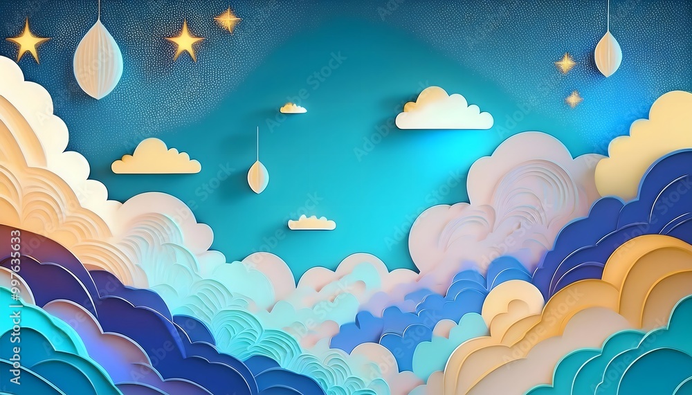 Poster the sky background is filled with pastel fluffy clouds in a paper layer format.