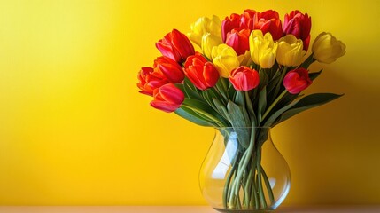 Obraz premium A bright, cheerful spring bouquet in a vase, the neutral background offering ample copy space